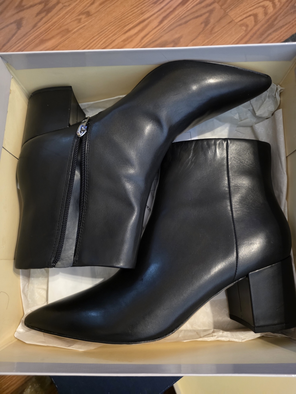 Marc Fisher Black Leather Pointed Toe Ankle Boots with Block Heel